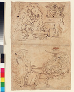 Skizze eines Brunnens mit Einhorn und eines Ornaments