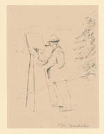 Ganzfigur eines Malers in Profilansicht vor Staffelei in Landschaft und Pfeife rauchend