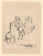 Zwei Soldaten bändigen vier Pferde