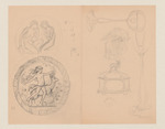 Kind mit Reh sowie Skizze einer Schatulle, zweier Figuren und eines Papageien