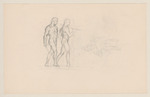 Zwei schreitende Männer; rückseitig: männliche Figur, Reiter und Gänse