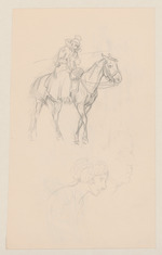 Reitender Soldat und Profilstudien; rückseitig: sitzende weibliche Figuren und Pferde vor der Kutsche
