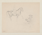Nacktes Kind mit Blumen und Skizze eines Pferds mit Reiterin; rückseitig: Skizze eines Reiters und dreier Hühner