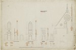 Kassel, Lutherkirche, Entwürfe für die Portale und Querhausgiebel, Grundriß, Aufriß und Schnitt
