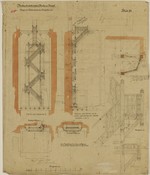 Kassel, Lutherkirche, Westturm, Ausführungsentwurf für das Treppenhaus im Glockenstuhl, Vorder- und Seitenansicht, Schnitt