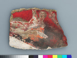 Fragment römischer Wandmalerei: liegende Figur in Weiß auf rotem Grund