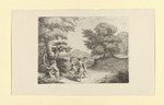 Drei Nymphen in waldiger Berglandschaft tanzend, und zwei Flötenspieler unter einem Baum (Stoll 16)