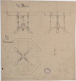 Kassel, Villa Wedekind, Empfangszimmer, Entwurf für einen Säulentisch, Vorderansicht, Aufsicht und Konstruktionszeichnung