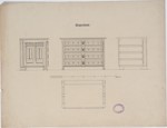 Hannover, Villa Schultz (?), Entwurf für einen Mappenschrank, Vorder- und Seitenansicht, Quer- und Längsschnitt
