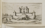 Kleines Schloss mit Wassergraben und drei Personen auf einem Steg