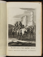 Drei Reiter vor einer Ruine im Gespräch, einer ist abgesessen