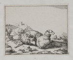 Zwei liegende Schafe, im Hintergrund Burg auf einer Anhöhe