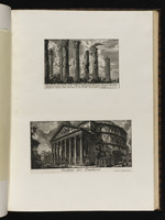 Seite mit zwei Darstellungen: Sieben Säulen mit korintischen Kapitellen und eine Ansicht des Pantheon