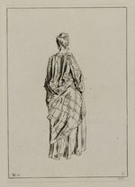 Frau mit langem gestreiften Tuch über den Schultern in Rückansicht