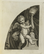 Kreissegment mit Putto, mit dem linken Bein auf dem Postament eines Leuchters sitzend und nach vorne schauend