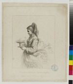Eine junge Frau nach links blickend mit einer Schale in der Hand
