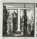 Initiale T mit Obelisk und Architektur
