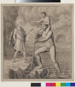 Mythologisch Szene mit einem blinden Riesen, der einen dreiäugigen Jüngling auf seinen Schultern durch einen Fluss trägt und dort von einem jungen Mann mit Nimbus erwartet wird