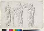 Drei Musen in griechischem Gewand: Clio, Thalia und Terpsichore (nach einem antiken Relief?)