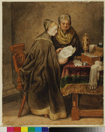 Eine ältere und eine jüngere Frau an einem Tisch sitzend einen Brief lesend