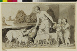 Junge Frau verteilt Äpfel und Brot an zwei Kinder und Schweine