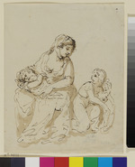 Frau mit zwei Kindern und sitzende männliche gestalt und ein zu ihm aufblickendes Kind