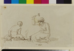 Ein Nagelschmied bei der Arbeit mit Jungen am Blasebalg; verso: Brustbild einer Frau