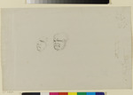 Zwei physiognomische Studien eines männlichen Kopfes, verso: verschiedene Skizzen: Haus, drei Pferde, Baum