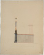 Kassel, Friedrichsplatz, Entwurf für eine Denkmaleinfriedung mit Ecklaterne, Aufriß