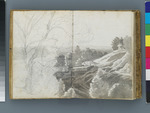 Baumlandschaft mit Brücke und Strape am Hang (siehe auch GS GS 1441-25); verso: Figurenskizze mit Ritter
