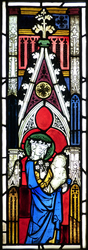 Fragment eines gotischen Glasfensters aus der Pfarrkiche in Winnen: Muttergottes mit Kind