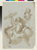 In den Wolken schwebende Figur mit Kreuz und Büste