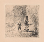 Paar mit Hund am Brunnen