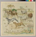 Kälber, Schafe und Pferde auf der Weide, Entwurf für ein Wandbild für das Gartenzimmer der Villa Reemtsma in Othmarschen