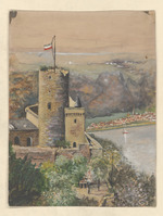 Ansicht einer Burg oberhalb eines Gewässers (Rhein?)