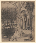Christus als Hirte in Landschaft mit Frau am Wasser; verso: gekreuzigter Christus und Kopfstudien von Christus