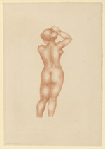 Femme nue de dos, bras droit relevé au-dessus de la tête