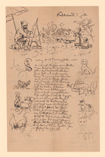 Blatt mit Gedicht und verschiedenen Federzeichnungen