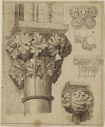 Vorlagenblatt zur "Sammlung mittelalterlicher Ornamentik, in geschichtlicher und systematischer Anordnung", Skizze mit gotischen Kapitellen, perspektivische Ansicht