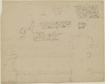 Skizze einer romanischen Kirche, Grundriß; Ornamentstudien (recto); verschiedene Studien, u. a. zu einem Möbel, Grundriß und Ansicht (verso)