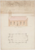 Schwarzenhasel, Pfarrkirche, Entwurf, Grundriß und Ansicht der Seitenfront