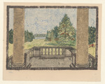 Blick von einer Terrasse mit Säulen in eine Landschaft