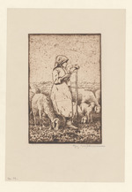 Hirtenfrau in Schafherde stehend