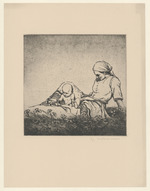 Bäuerin mit Kind auf einer Wiese sitzend