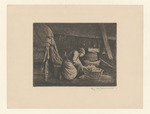Bäuerin mit Kind im Inneren eines Stalles