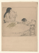 Frauenakt mit Blume und Kind am Tisch sitzend