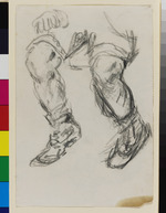 Zwei Männerbeine in kurzen Hosen mit Stiefeln, rückseitig: Kniende