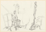 Sitzender Mann auf Stuhl vor einer Skulptur, aus "Derrière le Miroir"
