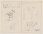 Studienblatt mit Ornamenten, Reiter, männlichen Gestalten und einem Stier; rückseitig: Skizzen einer Statuette(?), eines Mädchens und weibliche Figurenstudie