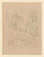 Frau mit auf dem Boden sitzenden Mann im Dialog mit Zylinder tragender Männergruppe